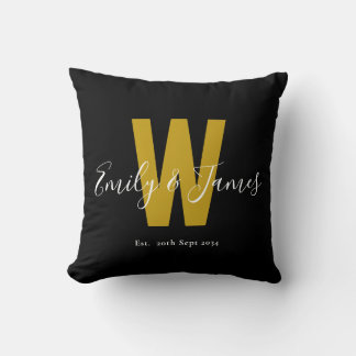 Coussin Monogramme de date de couple d'or noir classique