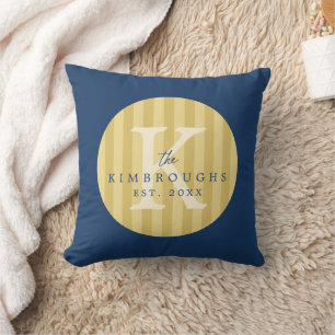 Coussin Monogramme de famille de cercle rayé bleu jaune