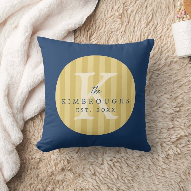 Coussin Monogramme de famille de cercle rayé bleu jaune (Couverture)