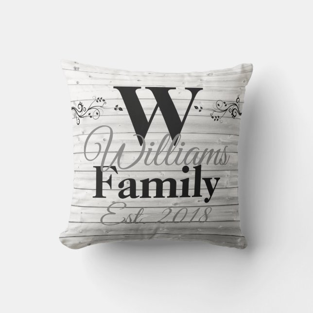 Coussin Monogramme de famille Faux Wood personnalisé (Recto)