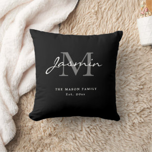 Coussin Monogramme de famille minimaliste noir blanc Écrit