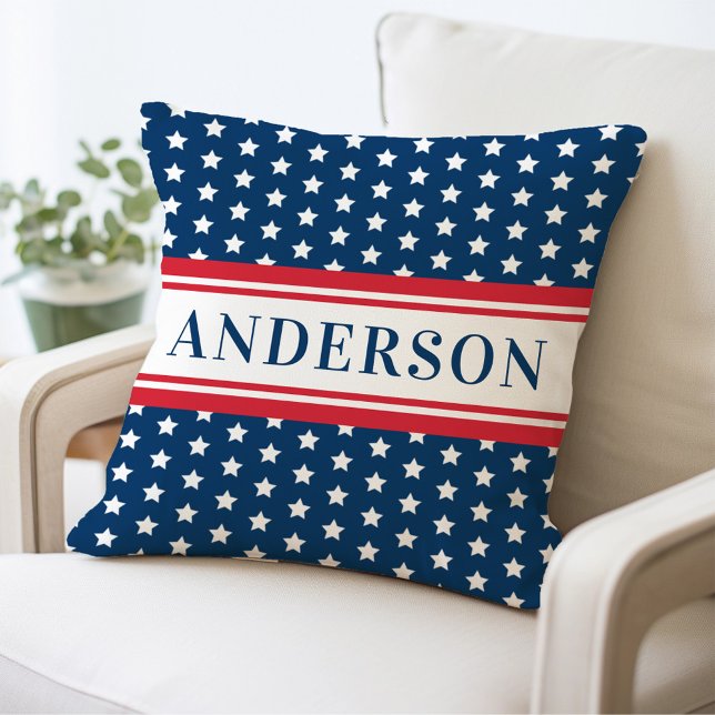 Coussin Monogramme de famille rayé étoilé patriotique (Créateur téléchargé)