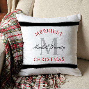 Coussin Monogramme de famille rouge pour un Noël joyeux