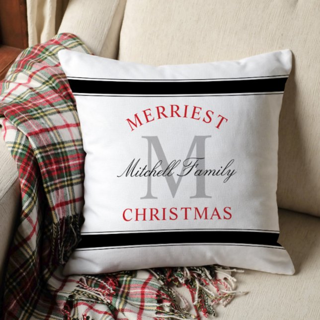 Coussin Monogramme de famille rouge pour un Noël joyeux (Créateur téléchargé)