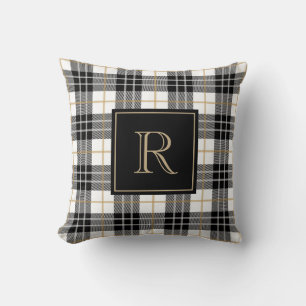 Coussin Monogramme de famille tartan noir et Brown