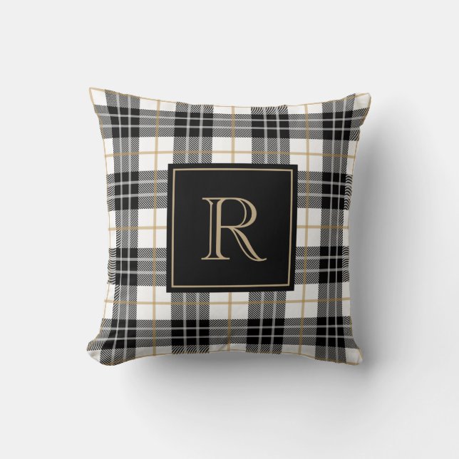 Coussin Monogramme de famille tartan noir et Brown (Recto)