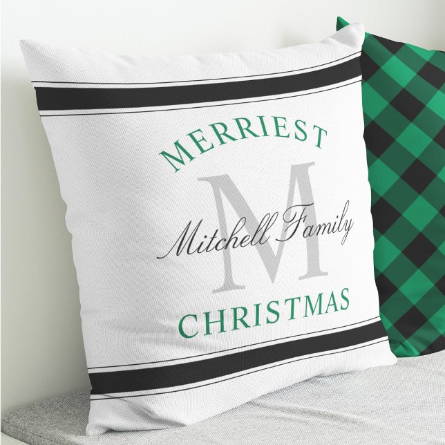 Coussin Monogramme de famille vert Noël le plus joyeux Fêt (Créateur téléchargé)