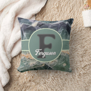 Coussin Monogramme de famille vert violet pierre précieuse