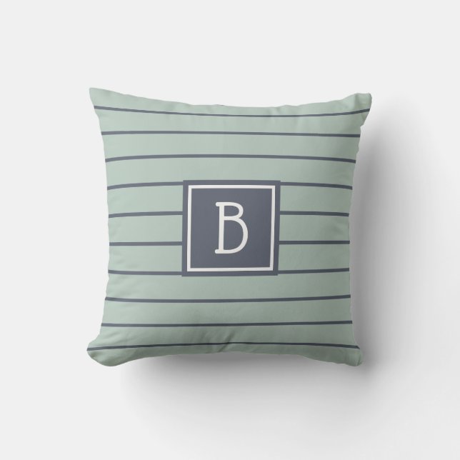 Coussin Monogramme de Ferme Moderne Rayé Vert et Bleu (Recto)