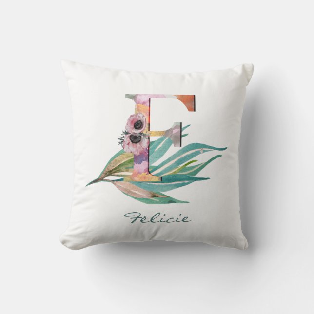 Coussin Monogramme de feuillage à l'aquarelle personnalisé (Recto)