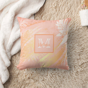Coussin monogramme de feuillage de palmier d'or rose