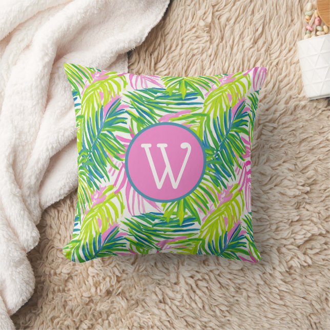 Coussin Monogramme de feuilles de palmier rose et vert Pré (Couverture)