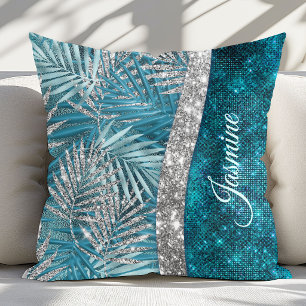 Coussin Monogramme de feuilles pailletées turquoise argent