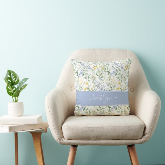 Coussin Monogramme de fleur sauvage à l'aquarelle bleue (Chaise)