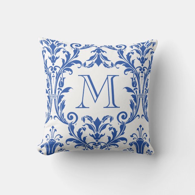 Coussin Monogramme de fleurs blanches et bleues de Damas (Recto)
