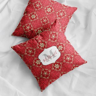 Coussin Monogramme de flocon de neige Élégant hiver rouge 