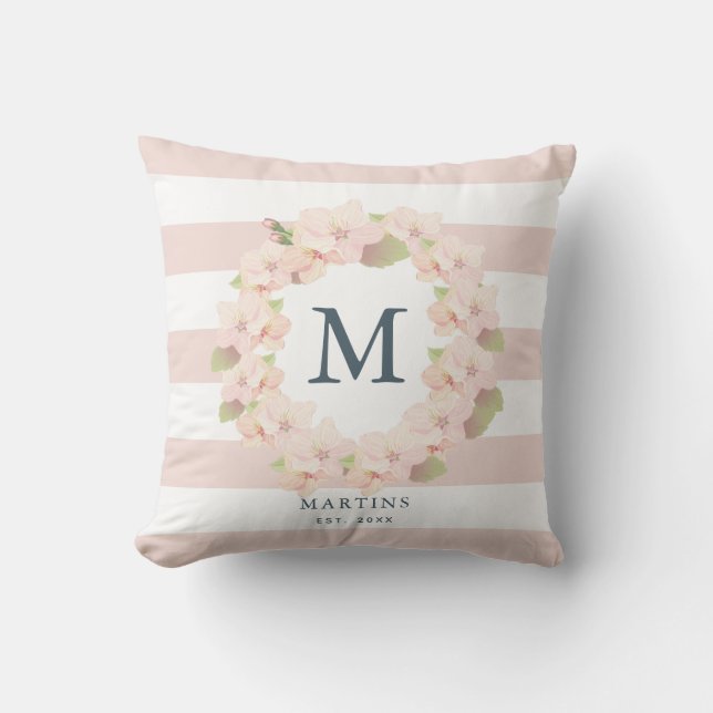 Coussin Monogramme de germe de fleurs de cerise rose (Recto)