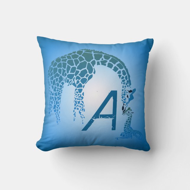 Coussin Monogramme de Girafe Mère et Bébé| bleu (Recto)
