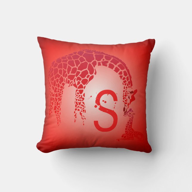 Coussin Monogramme de Girafe Mère et Bébé| rouge (Recto)