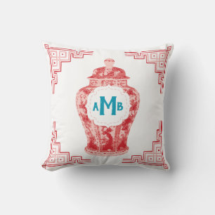 Coussin Monogramme de jar à gingembre de la Chine rouge