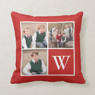 Coussin Monogramme de la famille de Collage de photos roug