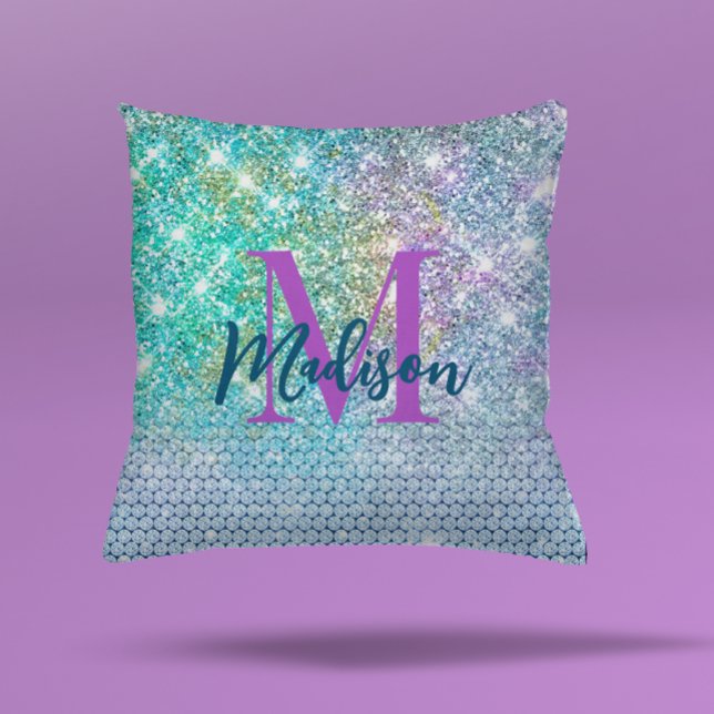 Coussin Monogramme de la fausse parties scintillant Turquo (Créateur téléchargé)