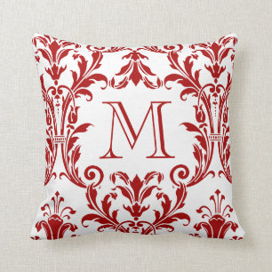 Coussin Monogramme de la florale des Damas blancs et rouge