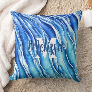 Coussin Monogramme de la vague de l'océan bleu