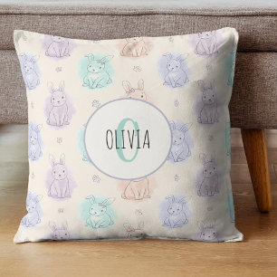 Coussin Monogramme de lapins de croquis espiègles
