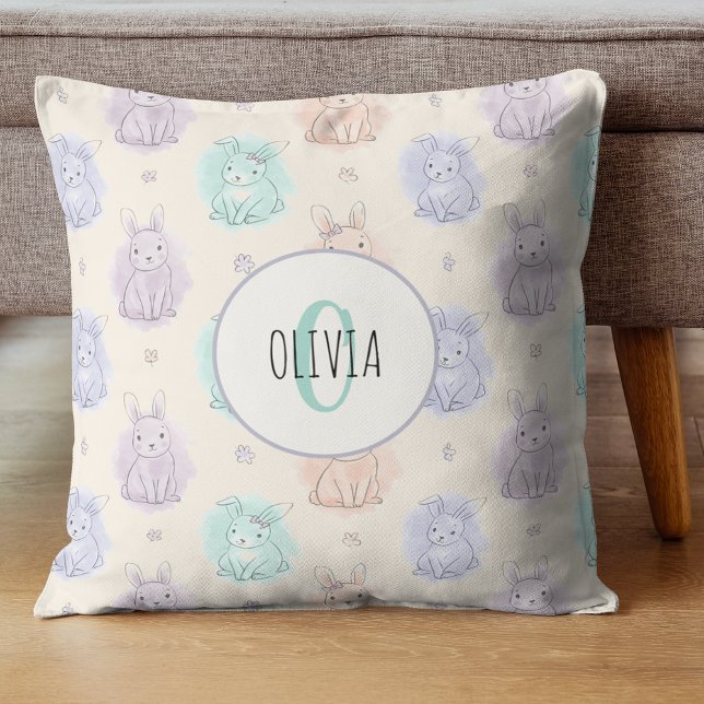 Coussin Monogramme de lapins de croquis espiègles (Créateur téléchargé)