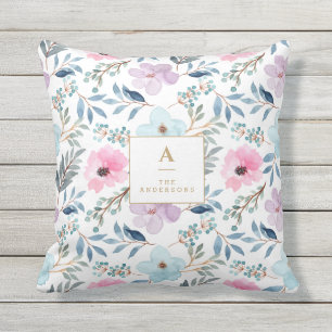 Coussin Monogramme de l'aquarelle bleue Cute Pastel