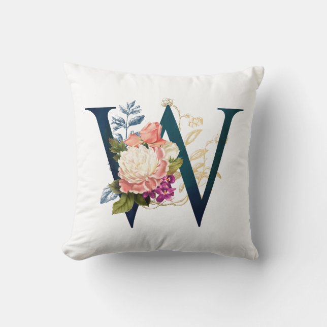 Coussin Monogramme de lettre florale élégante W (Recto)