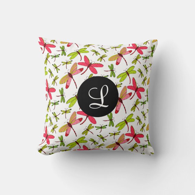 Coussin Monogramme de libellules rose et verte (Recto)