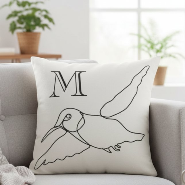 Coussin Monogramme de ligne de colibri pour pendaison de c (Minimalist modern hummingbird line art initial pillow)