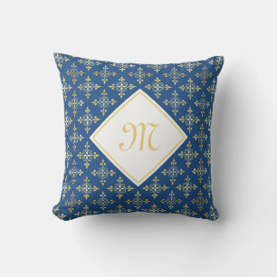 Coussin Monogramme de luxe Blue et Gold Quatre Floral
