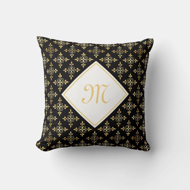 Coussin Monogramme de luxe Noir et Or Quatre Floral (Recto)