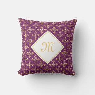 Coussin Monogramme de luxe violet et or Quatre Floral