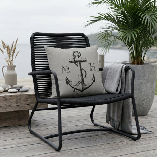 Coussin Monogramme de mariage d'ancre vintage gris rustiqu