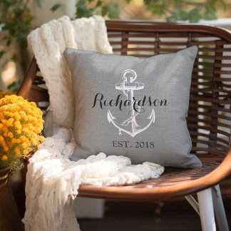 Coussin Monogramme de Mariage d'Ancre Vintage gris rustiqu
