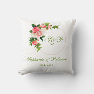 Coussin Monogramme de mariage floral rose