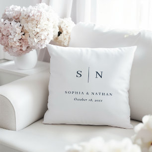 Coussin Monogramme de mariage minimaliste chic blanc et bl