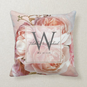 Coussin MONOGRAMME DE MARIAGE SCRIPT Roses Roses Peonies
