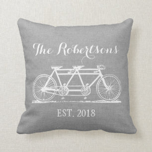 Coussin Monogramme de Mariage Vintage à vélo gris rustique