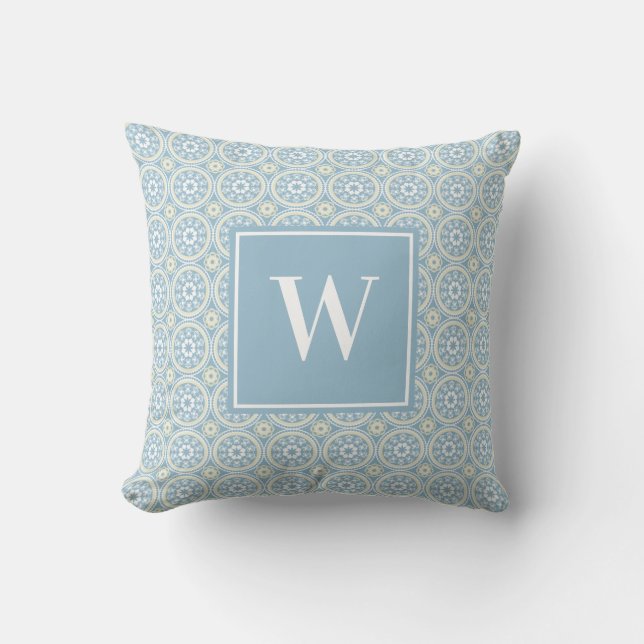Coussin Monogramme de médaillon bleu personnalisé (Recto)