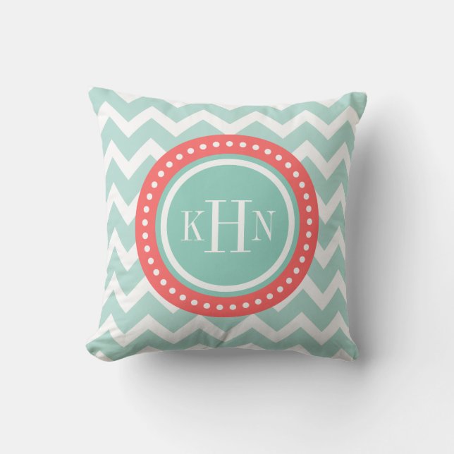 Coussin Monogramme de menthe et corail Chevron (Recto)