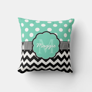 Coussin Monogramme de menthe Pois noire Chevron