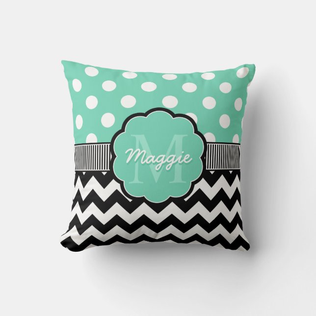 Coussin Monogramme de menthe Pois noire Chevron (Recto)