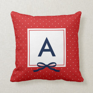 Coussin Monogramme de Motif à point rouge à ruban bleu c