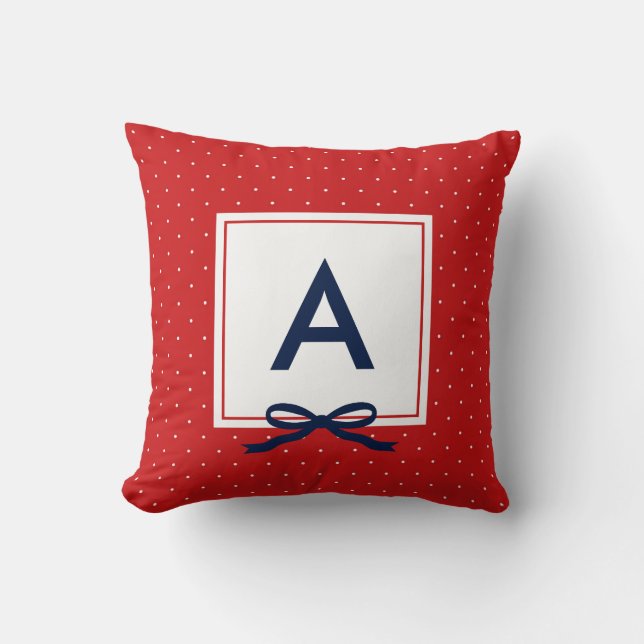 Coussin Monogramme de Motif à point rouge à ruban bleu chi (Recto)