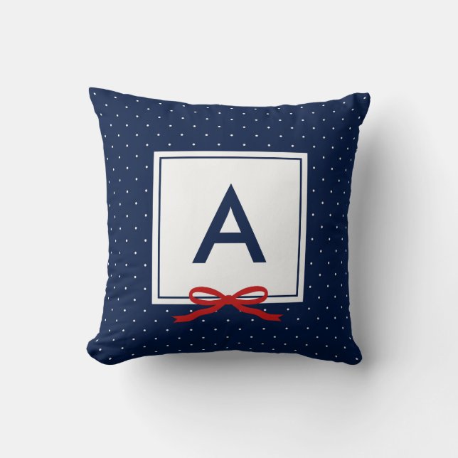 Coussin Monogramme de Motif à points Polka Bleu Chic Red R (Recto)